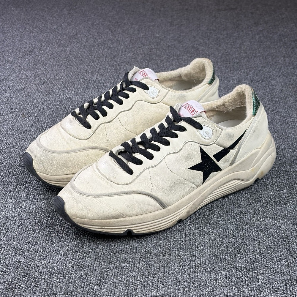 Golden Goose Running Sole Distressed Leather Sneakers White Green EU 42 Men US 9